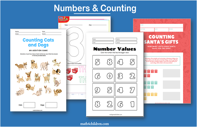 Counting worksheets for kindergarten children. Practice your numbers, spelling them, tracing and more.